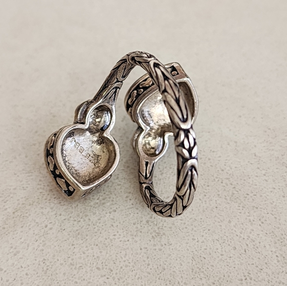 Navajo Heart-Shaped Red Coral and Turquoise Steeling Sivler Wrap Bypass Ring 8.5 - Picture 2 of 4